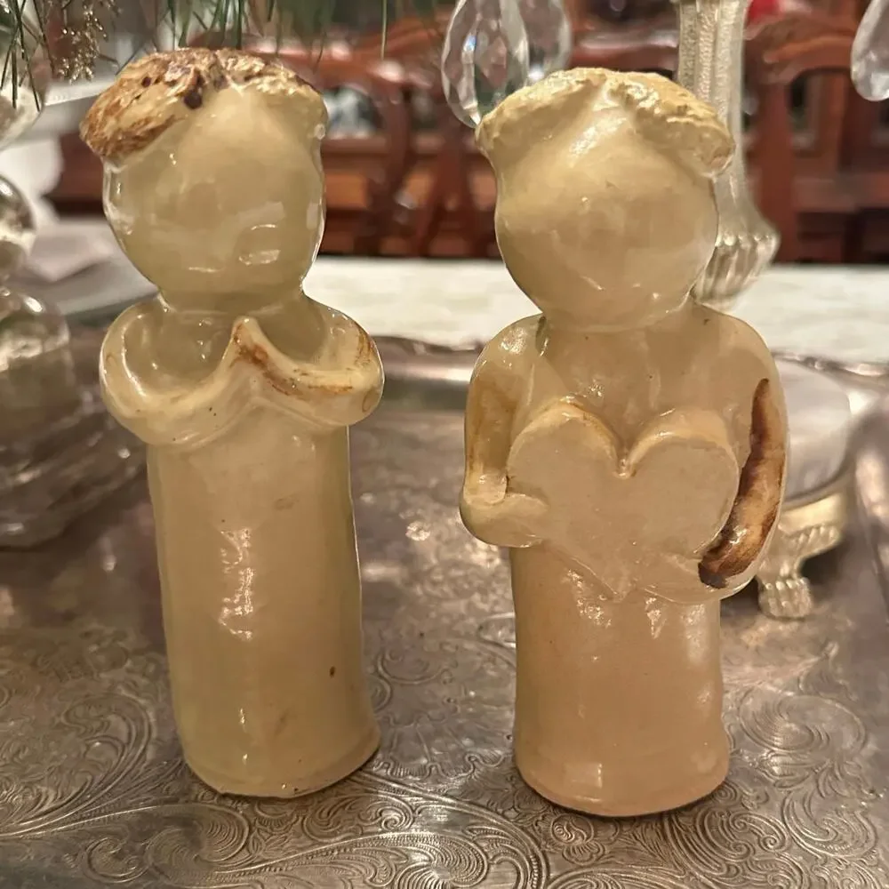 Glazed Stoneware Pottery Rustic Figurines X2 Folk Art Cottage Chic Love & Prayer
